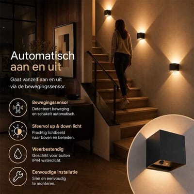 HOFTRONIC wandlamp op batterijen vierkant – 3 watt 3000K warm wit – USB oplaadbaar bewegingssensor – aluminium zwart – IP44 waterdicht – buitenlamp batterij sensor up down verlichting