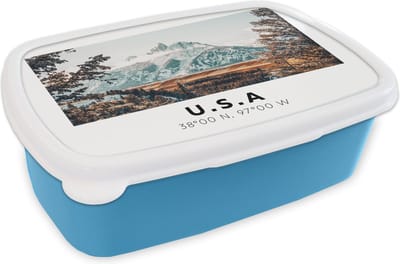Broodtrommel Blauw - Lunchbox - Brooddoos - Amerika - Bergen - Winter - Bos - 18x12x6 cm - Kinderen - Jongen