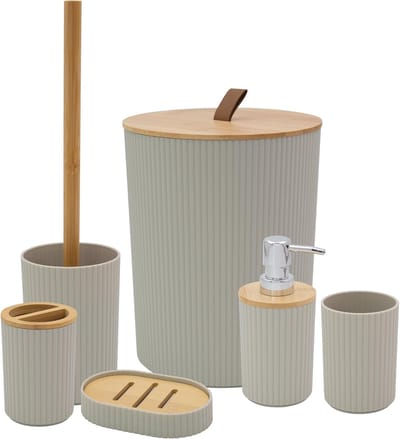 Famanu - Badkameraccessoireset, moderne badkamerbenodigdheden, set inclusief tandenborstelhouder, afvalbak, toiletborstel, beker, zeepbakje en zeepdispenser (steen)