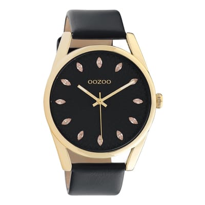 OOZOO Timepieces - goudkleurige horloge met zwarte leren band - C10842 - Ø45