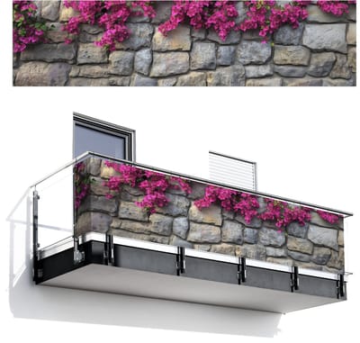 Balkonscherm 500x120 cm - Balkonposter Bougainvillea - Stenen Muur - Roze - Balkon scherm decoratie - Balkonschermen - Balkondoek zonnescherm