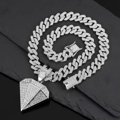 Hip Hop Tapered Hanger Ketting met 14mm Cubaanse Ketting Diamantvormige Hangers Kettingen Mode Charm Sieraden,Voor Mannen En Vrouwen gray