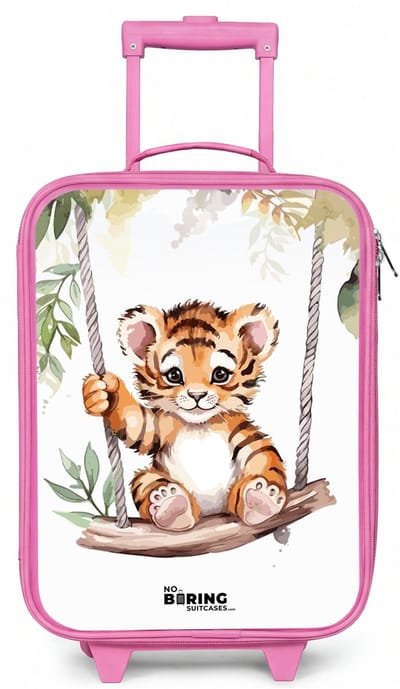 NoBoringSuitcases.com® - Kinderkoffer roze - Kindertrolley meisje - Schommelend tijgerwelpje waterverf tekening - Koffer kind lichtgewicht - Reiskoffer trolley voor kinderen - Koffertje met lichtgevende wieltjes - Rolkoffer