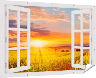 Gards Tuinposter Doorkijk Zonsopgang op het Maïsveld - 180x120 cm - Tuindoek - Tuindecoratie - Wanddecoratie buiten - Tuinschilderij
