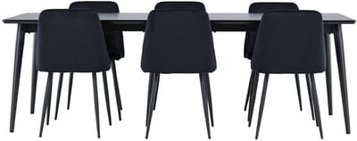 Ellis eethoek tafel 85x230cm en 6 velours stoelen zwart.