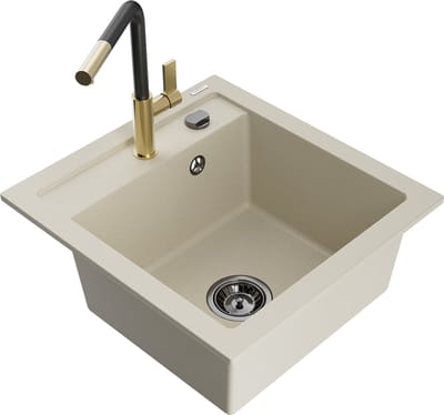 Mexen Vito granieten spoelbak 1-komor met keukenkraan Flora, beige - 6503-69-670401-57-B
