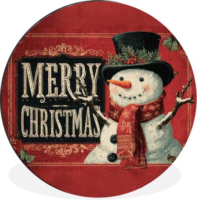 WallCircle - Wandcirkel - Muurcirkel - Klassiek - Kerstgroet - Sneeuwpop - Rood - Aluminium - Dibond - 30x30 cm - Binnen en Buiten