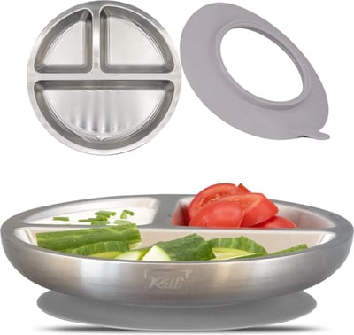 Roestvrijstalen zuignapbord, antislip babyservies, babyzuignap, servies (grijs)