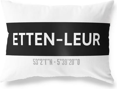 Tuinkussen ETTEN-LEUR - NOORD-BRABANT met coördinaten - Buitenkussen - Bootkussen - Weerbestendig - Jouw Plaats - Studio216 - Modern - Zwart-Wit - 50x30cm