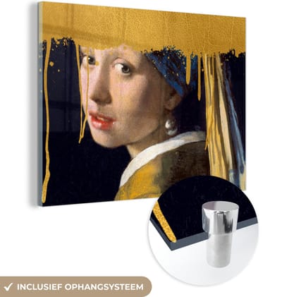 MuchoWow® Glasschilderij 160x120 cm - Schilderij acrylglas - Meisje met de parel - Goud - Vermeer - Foto op glas - Schilderijen