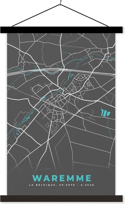 Posterhanger incl. Poster 40x60 cm - Schoolplaat - Plattegrond – Waremme – Blauw – Stadskaart - Kaart - Textielposter - Zwarte latten - Stadskaart