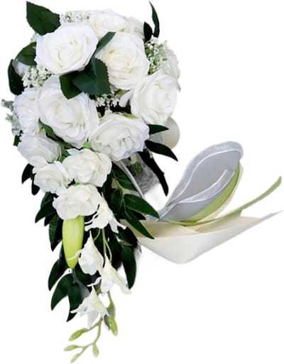 Kunstboeket Bruiloft - Zijden Rozen Boeket - Bruiloft Decoratie - Handgemaakt Ontwerp - 50 cm Lengte - Wit