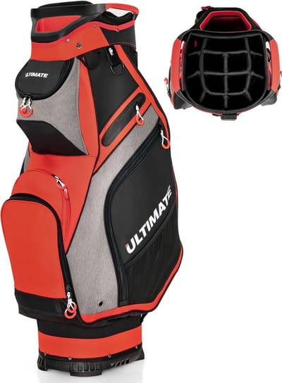 COSTWAY Golftas, Lichtgewicht en Draagbare Golfkar Tas met 14 Manieren Volledige-Lengte Top Verdelers, 7 Zakken met Ritssluiting, Regenkap, Schouderriem, PVC Handvat, Paraplu Houder (Zwart + Rood)