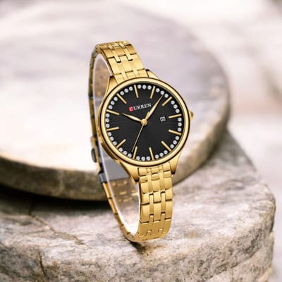 CURREN Luxe Dameshorloge Goud met Zwart Kleur – Elegant & Stijlvol – 4 Kleuren – Luminous Wijzers – Waterbestendig – Inclusief Luxe Cadeaudoos