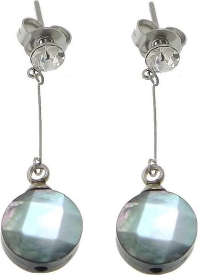 Parelmoeren oorbellen Blacklip Long Round - oorstekers - parelmoer - edelstaal - stras stenen - grijs - luxe sieraden zakje - oorknopjes - oorbellen dames - grijze oorbellen