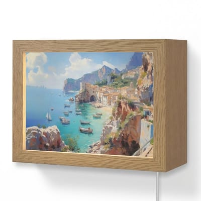 Wandlamp 20x15 cm - Oplaadbaar - Kustdorp - Schilderij - Rotsen - Boten - Wandlampen binnen woonkamer - Slaapkamer lamp met kabel - Decoratieve nachtlamp - Vloerlamp snoer