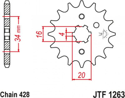 versnellingsbak tandwiel jt tandwielen voor motor yamaha 125 tzr 1987 tot 1992 jtf1263.14 / 14 tanden steek 428 nieuw