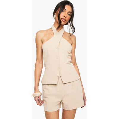 boohoo Dames Linnen Cross Halterneck Waistcoat | Steen | Maat: 34