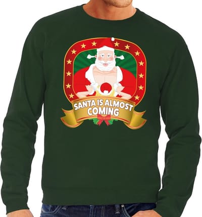 Foute kersttrui / sweater voor heren Santa Is Almost Coming - groen - Kerstman met dame S