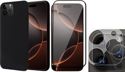 Hoesje geschikt voor iPhone 16 Pro - Screenprotector Volledig Dekkend Glas & Camera - Matte Case Zwart met Fluweelzachte Binnenzijde