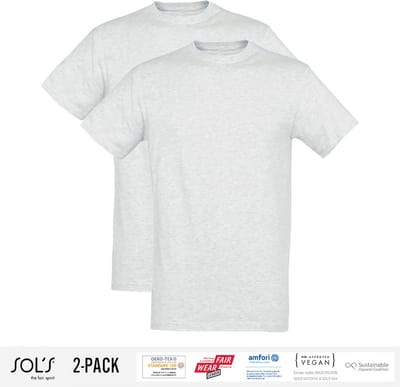 2 Pack Sol's Heren T-Shirt 100% biologisch katoen Ronde hals Ash Grey Maat 3XL