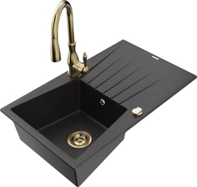 Mexen Cesar granieten gootsteen met 1 bak met afdruiprek en keukenkraan Savita, zwart/zilver metallic - 6514-73-672601-50