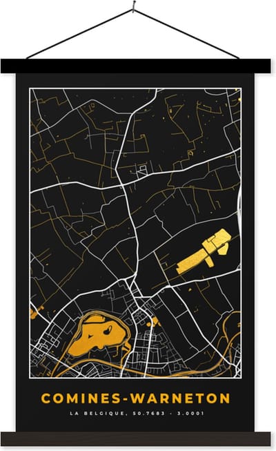 Posterhanger incl. Poster 40x60 cm - Schoolplaat - Comines-Warneton - Plattegrond - Kaart - Goud - Stadskaart - Textielposter - Zwarte latten - Stadskaart