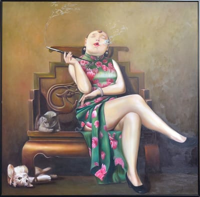 Fine Asianliving Olieverf Schilderij 100% Handgeschilderd Zwarte Omlijsting 100x100cm Chinese Vrouw met Sigaar Qipao Groen