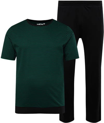 Men Plus - Heren - Pyjama Buik-Fit tweedelig gestreept T-shirt lange broek - Kwarts groen - Maat L