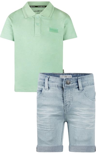 Koko Noko - NOOS-BOYS - Jongens - Biologische katoen - Kledingset - Jeans shorts - Polo Shirt Faded green - Maat 92