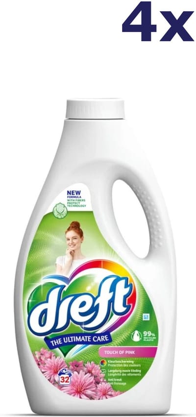 Dreft Vloeibaar Wasmiddel Touch of Pink 32 Wasbeurten - 4 x 1,4 liter - Voordeelverpakking