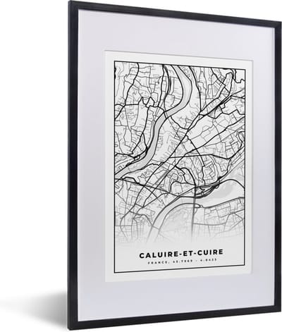 Fotolijst incl. Poster Zwart Wit- Stadskaart - Plattegrond - Kaart - Frankrijk - Caluire-et-Cuire - Zwart wit - 30x40 cm - Posterlijst