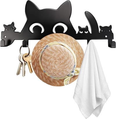 Schattige katten sleutelhouder met 6 haken, moderne metalen sleutelrek voor keuken, gang en slaapkamer