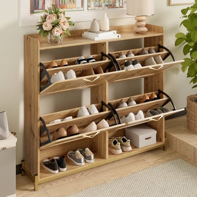 MODENUIT Schoenenkast - 4 Deuren Met Verticale Latten - Voor Hal En Slaapkamer - MDF En Metaal - 108,5x24x100 Cm
