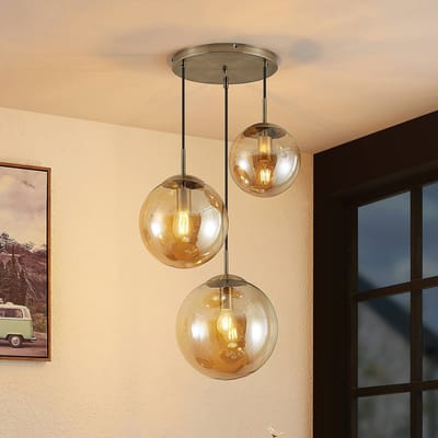 Lindby - hanglamp - 3lichts - Glas, staal - H: 30 cm - E27 - amber, oud messing