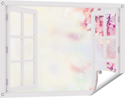 Gards Tuinposter Doorkijk Roze Bloesemboom met Zonneschijn - 90x60 cm - Tuindoek - Tuindecoratie - Wanddecoratie buiten - Tuinschilderij