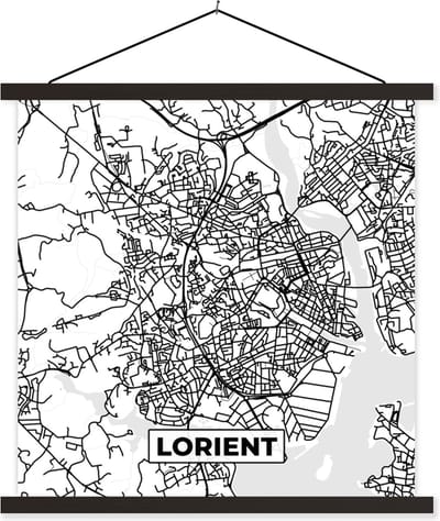 Posterhanger incl. Poster 60x60 cm - Schoolplaat - Frankrijk - Plattegrond - Stadskaart - Lorient - Kaart - Zwart wit - Textielposter - Zwarte latten - Stadskaart