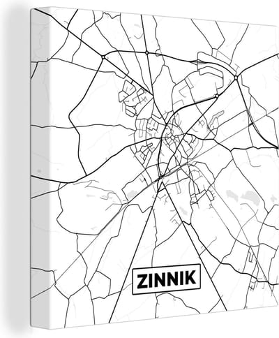 Canvas Schilderij Stadskaart – Plattegrond – België – Zwart Wit – Zinnik – Kaart - 20x20 cm - Wanddecoratie