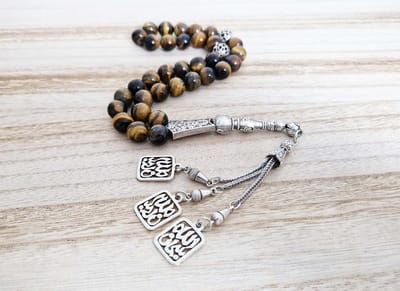 Handgemaakte tesbih "tasbih" natuursteen "Tijgeroog" - Aantal kralen 33 - Diameter kralen 10 MM - met metaal tassel "model 18" - Een mooi cadeau-idee