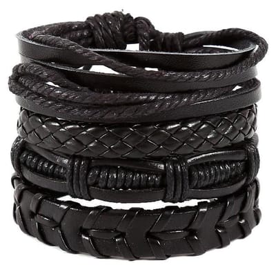 Fako Bijoux® - Leren Armband - Leder - Set Emilio - 4 Stuks - Zwart