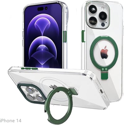 Hoesje voor iPhone 14, Compatibel met MagSafe, Magnetische Case met 360° Draaibare Standaard, Anti-Verkleuring Hoes, PC Lichtgewicht-Groen