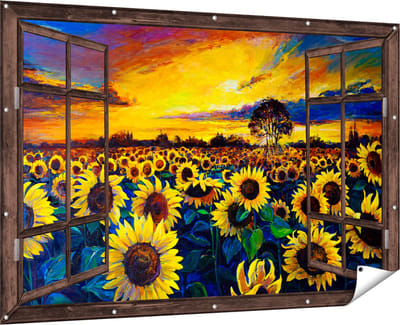Gards Tuinposter Doorkijk Getekende Zonnebloemen Veld met Olieverf - 180x120 cm - Tuindoek - Tuindecoratie - Wanddecoratie buiten - Tuinschilderij