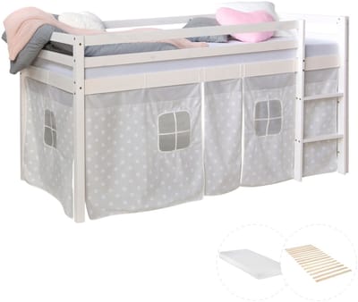 Homestyle4u Hoogslaper - 90x200 cm - met matras - ladder - grijs gordijn met sterren - wit