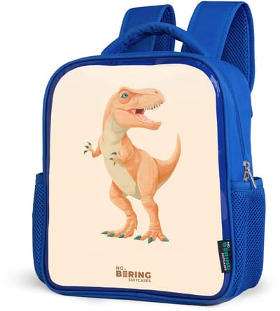 NoBoringSuitcases.com® - Rugzak blauw - Schooltas jongens - T-rex dino in oranje kleuren - Kinder rugtas jongen - Boekentas kind - Kinderrugzak voor school - Schoolrugzak