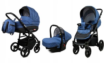 BabyLux® Kinderwagen 3in1 - AXEL - JEANS BLACK FRAME - Opklapbare Wandelwagen incl. Reiswieg, Multifunctionele Buggy Sportstoel, Autostoel - Combi-kinderwagen met Luiertas, Regenhoes, Klamboe, Bekerhouder, etc.