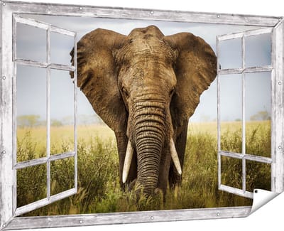 Gards Tuinposter Doorkijk Olifant in het Wild - Kleur - 180x120 cm - Tuindoek - Tuindecoratie - Wanddecoratie buiten - Tuinschilderij