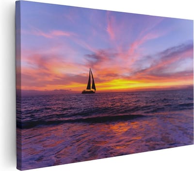 Artaza Canvas Schilderij Zonsondergang Zee - 30x20 cm - Klein - Wanddecoratie Strand - Muurdecoratie Zeilboot - Kamer Accessoires Woonkamer