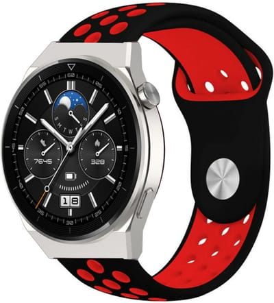 Strap-it Ademend sport siliconen bandje - geschikt voor Huawei Watch GT 1 / GT 2 / GT 3 / GT 3 Pro / GT 4 46mm / GT 5 & 5 Pro (46mm) / GT 2 Pro / GT Runner / Watch 3 (Pro) / Watch 4 (Pro) / Watch Ultimate - zwart/rood