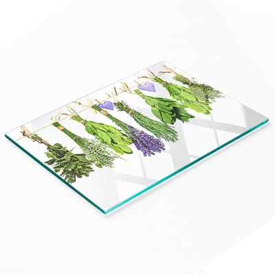 Decoratieve glazen snij- en serveerplank met kruiden aan een touwtje, 80x52 cm