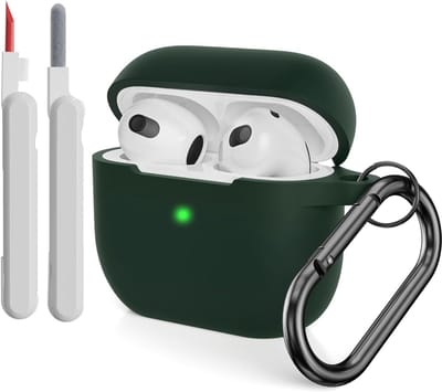 Zachte siliconen hoes voor AirPods 3 met reinigingskit en karabijnhaak - Donkergroen